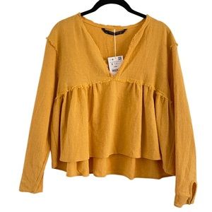 NWT Zara Textured Cotton Peplum V Neck Blouse Size Small